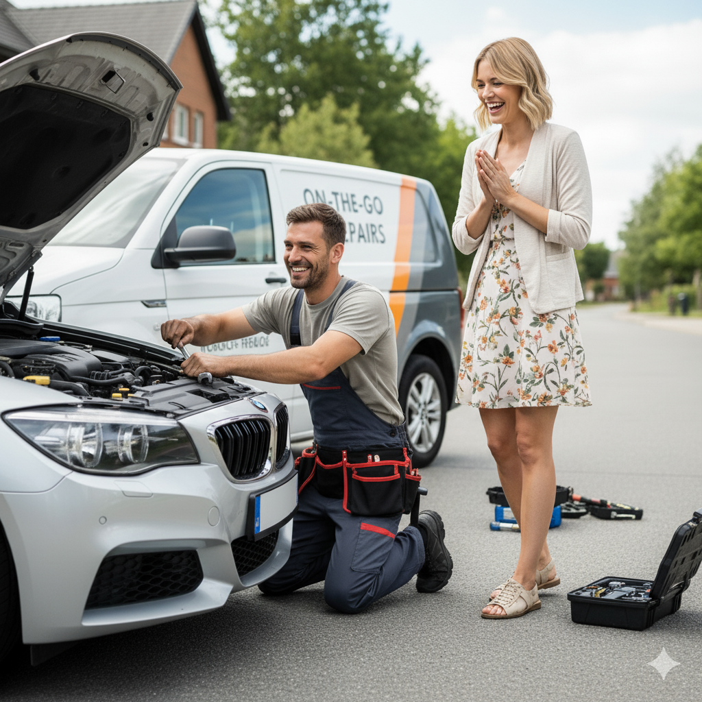 Professional Mobile Mechanic Working on Car with Happy Customer